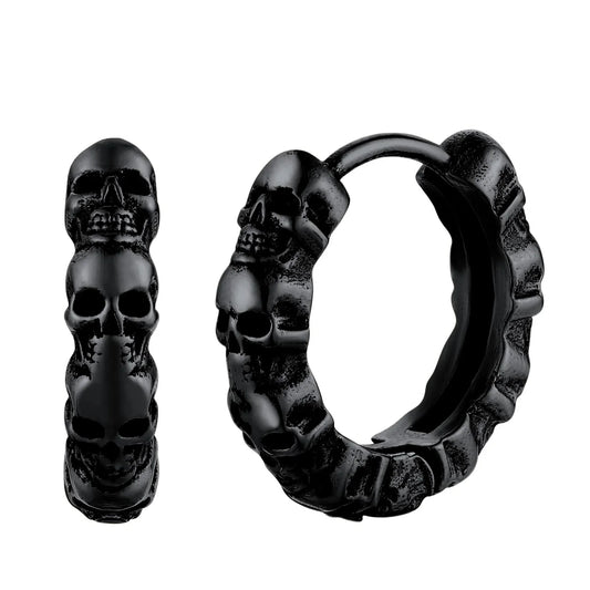 U7 Skulls Hoop Earrings for Man Black Gold Color Stainless Steel Skeleton Gothic Jewelry