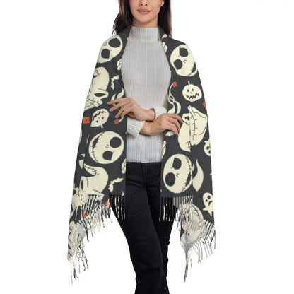 Custom Jack Skellington Sally Tassel Scarf Women Winter Fall Warm Shawls Wraps Ladies The Nightmare Before Christmas Scarves