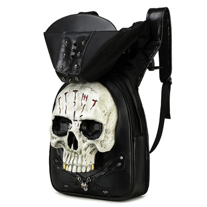 Man 3D Embossed Skull Punk Rock Gothic Leather Backpack Rivets Laptop Travel Soft Backpack With Hood Cap Women Grils Bag Hiphop