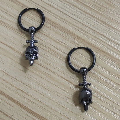 1 pair of punk Gothic skull sword hoop earrings for men