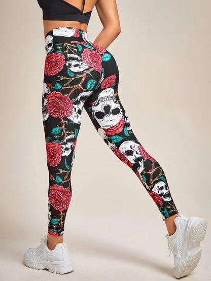 Rose Red & Skull print hip Lift tight waist comfortable stretch casual leggings for women everyday, travel, wear