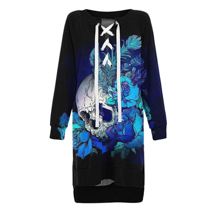 Autumn Winter Hoodie Sweatshirt Dresses For Women Skull Rose Print Gothic Party Dress Sexy Off Shoulder Casual Pullovers Dress