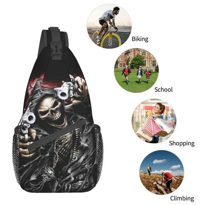 Gothic Skeleton Death Skull Sling Chest Bag Custom Crossbody Shoulder Backpack for Men Cycling Camping Daypack