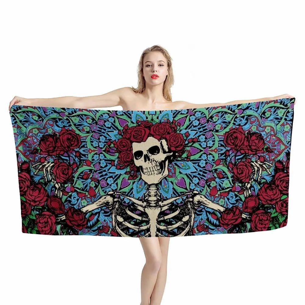 Horrible Flower Sugar Skull Beach Towel Super Soft Absorbent Bath Towel for Kids Adults Halloween Gifts for Travel Camping Towel