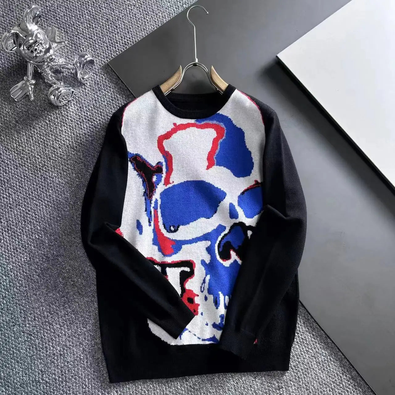 AlexPlein Skull Graffiti Intarsia-knit Sweater Men Clothing Fashion Winter Couple Wear Casual Covering Yarn Trendy Jumper