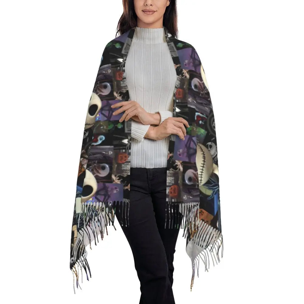 Custom Jack Skellington Sally Tassel Scarf Women Winter Fall Warm Shawls Wraps Ladies The Nightmare Before Christmas Scarves