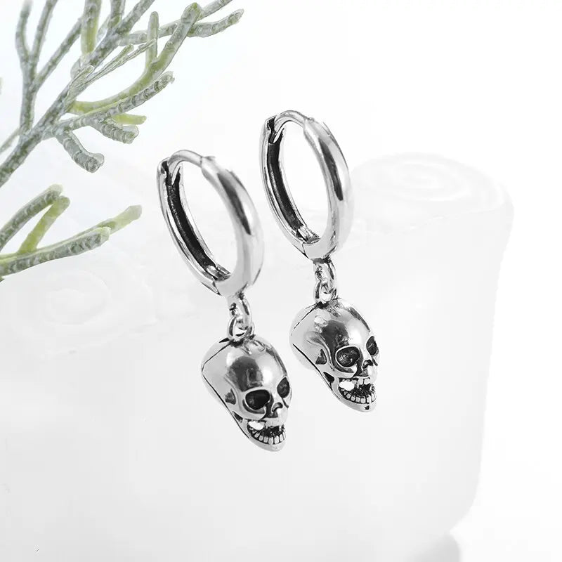 Silver-Plated Skull Earrings Gothic Ghost Head Hypoallergenic Earrings for Men Punk Rock Trendy Halloween Jewelry