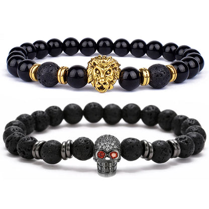 New Couple Black Eye Skull Hematite Bead Bracelet Fashion Classic Handmade Lava Stone Lion Bracelets Punk Jewelry