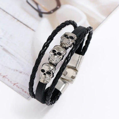 New Vintage Cool Skull Bones Leather Bracelet for Men Punk Rock Gothic Charms Braided Multi-Layer Bracelet Men's Jewelry Gifts