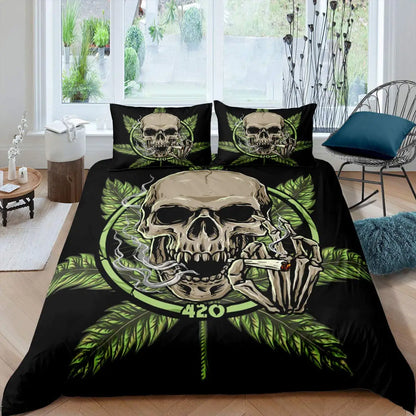 Art Skull Bedding Set Dark Color Gothic King Size Duvet Cover Skeleton Quilt Cover with Pillowcase for Kids Adult Halloween Gift