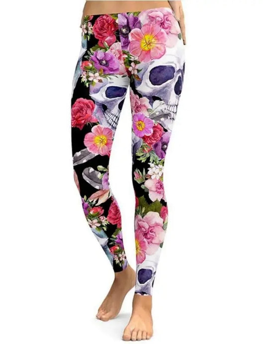 Woman Wide Belt Legging Pink Floral Skull Head Printed Casual Legging S-XL