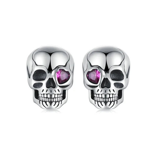 BISAER 100% 925 Sterling Silver Vintage Skull Stud Earrings Heart Zircon Earrings for Women Party Fine Jewelry ECE1771