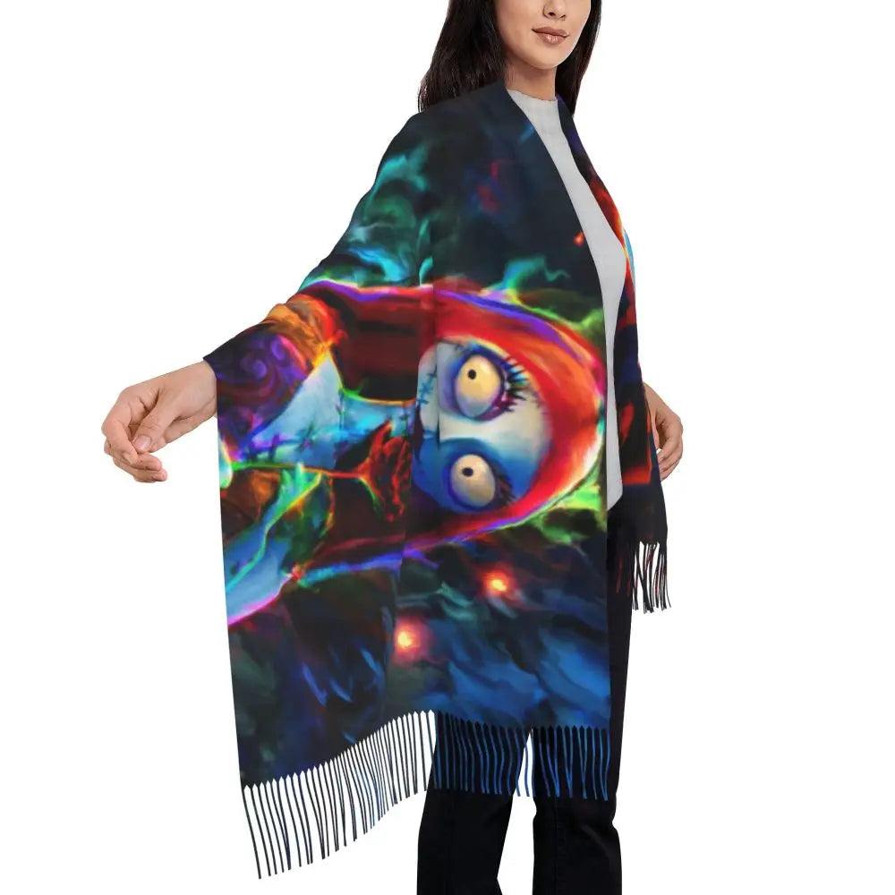 Custom Jack Skellington Sally Tassel Scarf Women Winter Fall Warm Shawls Wraps Ladies The Nightmare Before Christmas Scarves