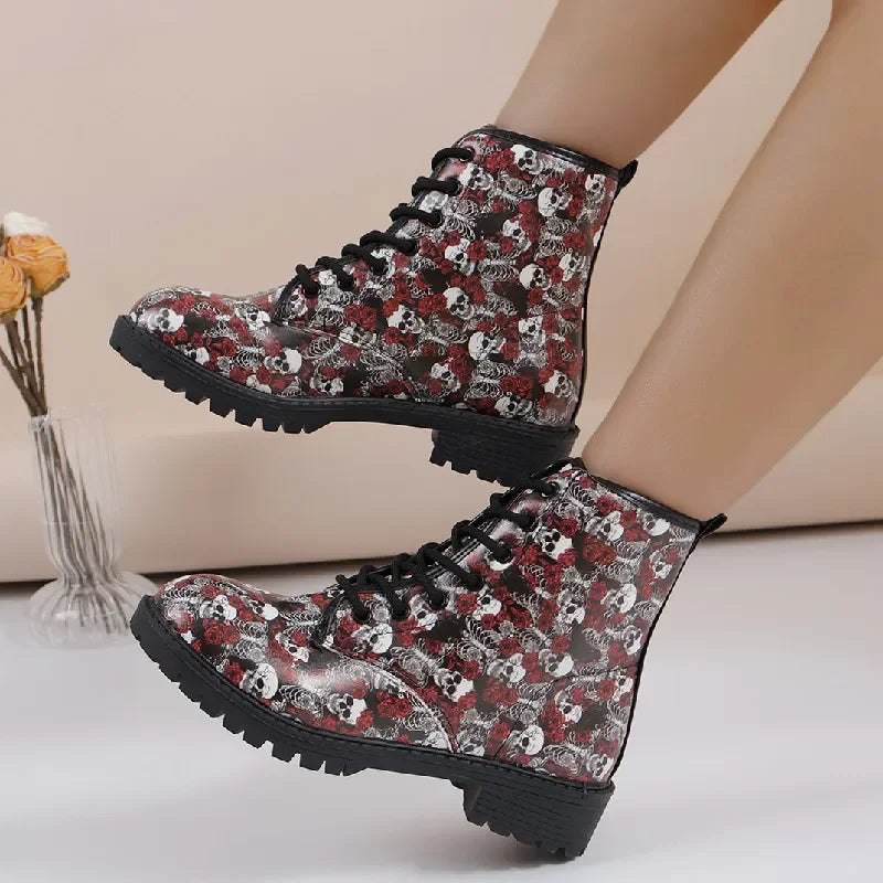 Women's Printed Short Boots Autumn/Winter New Fashion Skull Head Printed Comfortable Casual Shoes Luxury Travel Durable