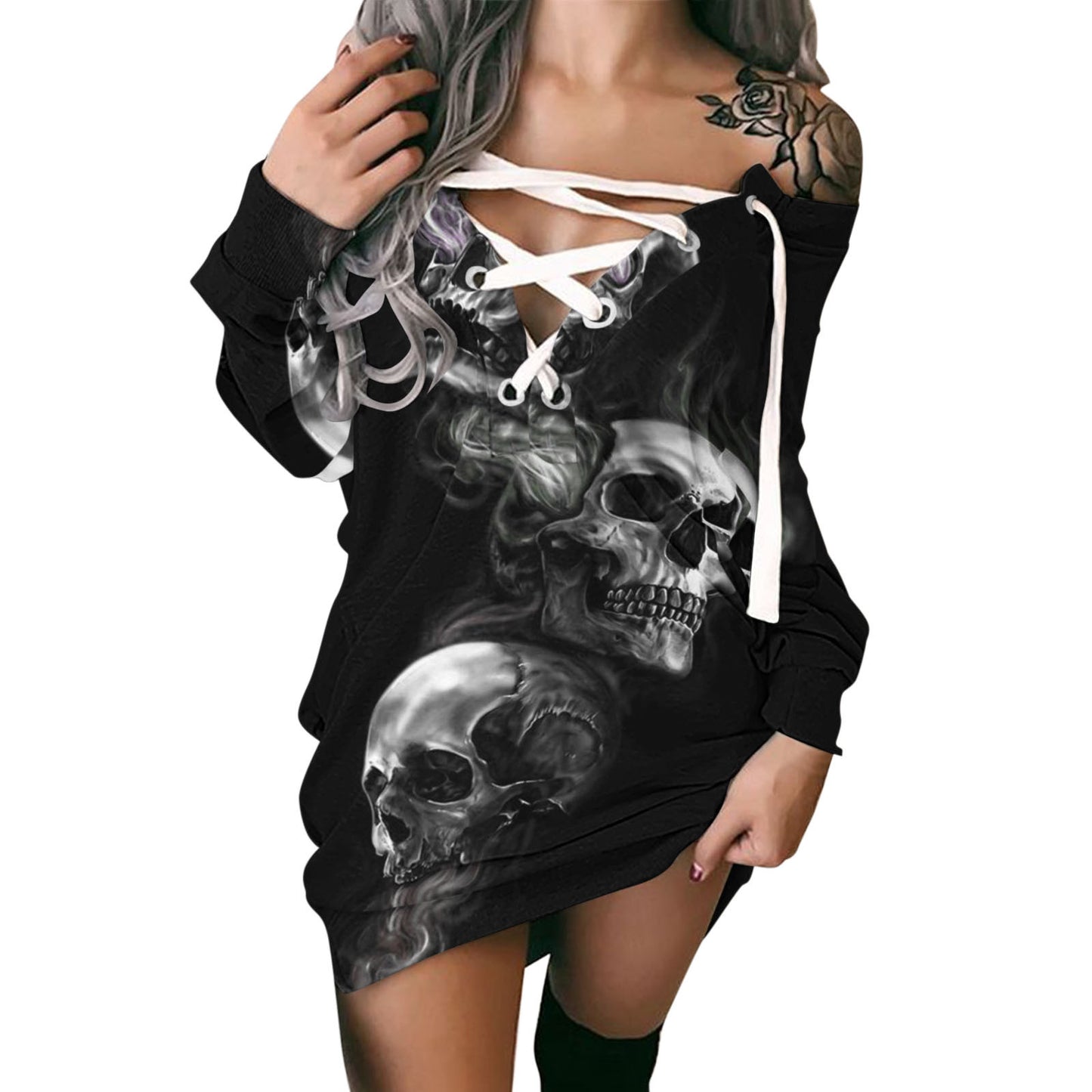 Autumn Winter Hoodie Sweatshirt Dresses For Women Skull Rose Print Gothic Party Dress Sexy Off Shoulder Casual Pullovers Dress