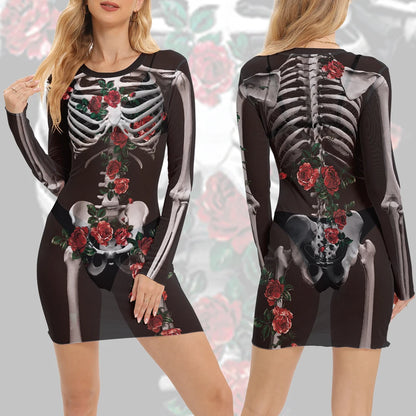 Summer Breathable Mesh Dress Women Sexy Min Dress Halloween Rose Skeleton Outfit Festival Carnival Streetwear Female Clothing