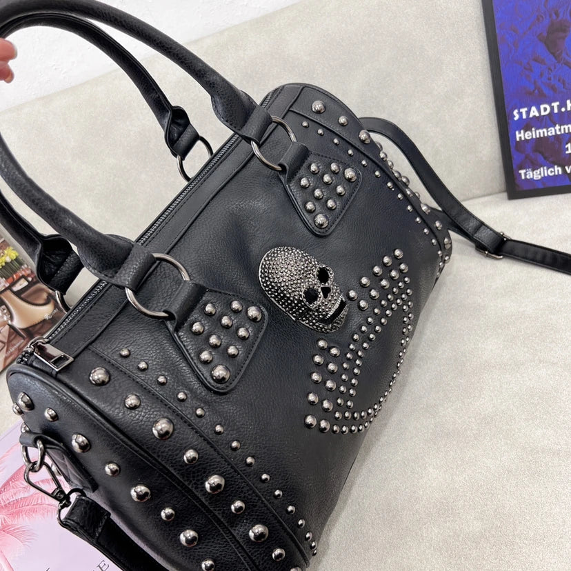 JIEROTYX Trendy Metal Skull Studded Black Handbags Gothic Rivet Womens Purse Satchel Handbag Shoulder Bags Large Capacity