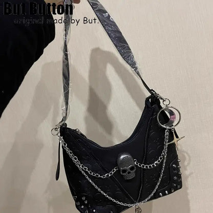 Y2K Gothic Punk Women's Girls Two Shoulder Rivet Chain Skull Cool Handbag Harajuku Bags Tote retro skull single shoulder Bag