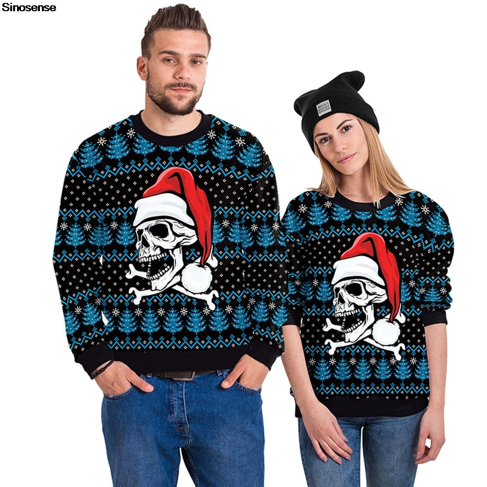 Men Women Santa Skull Xmas Sweatshirt 3D Christmas Tree Snowflakes Print Ugly Christmas Sweater Unisex Holiday Party Jumper Tops