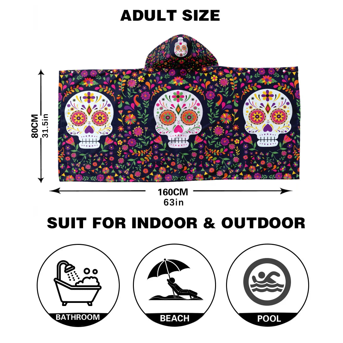 Day of The Dead Skull Flowers Series Adult Hooded Beach Bath Towel,For Man Women Adolescent Youngsters Swim Shower Picnic Camp