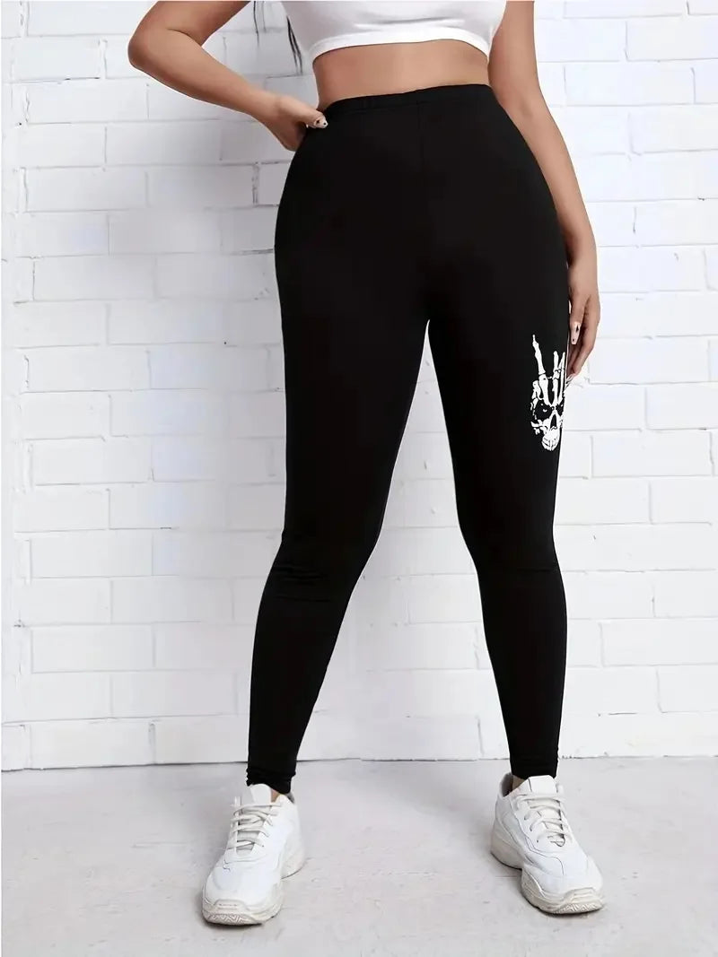 Skull & Hand Print Casual Tight Stretch elastic waist Comfortable slim fit Work daily travel Wear women's leggings