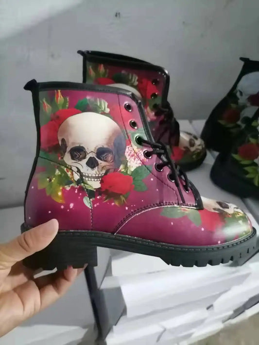 Plus Size36-43 Women's Boots British PU Women's Shoes Fashion Cargo Boots Fashion Print Autumn Women's High Top Punk Boots