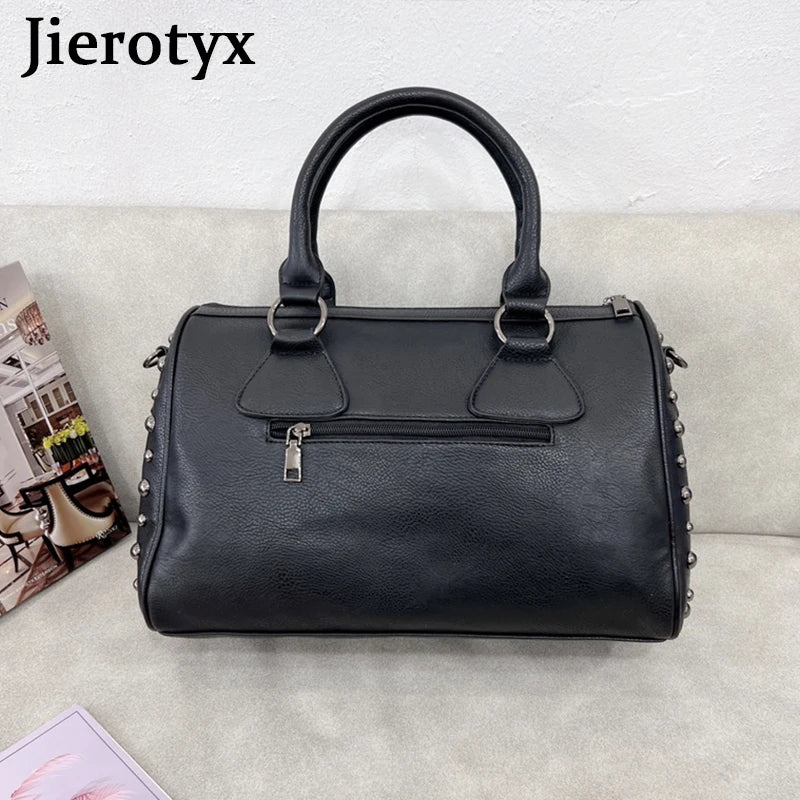 JIEROTYX Trendy Metal Skull Studded Black Handbags Gothic Rivet Womens Purse Satchel Handbag Shoulder Bags Large Capacity