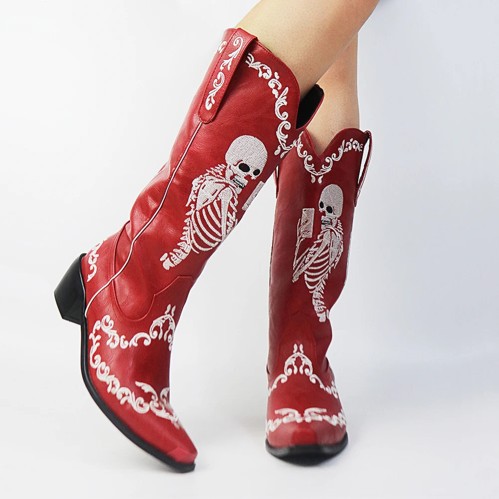 Women Skull Skeleton Selfie Cowboy Western Mid Calf Boots Pointed Toe Slip-On Stacked Heel Goth Punk Autumn Shoes Brand Designer