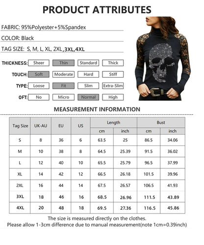 New Spring Skull Hot Drill Print Ladies T-Shirt Solid Lace Sexy Women TShirt Y2k Gothic Tee Long Sleeve Patchwork Clothes Tops