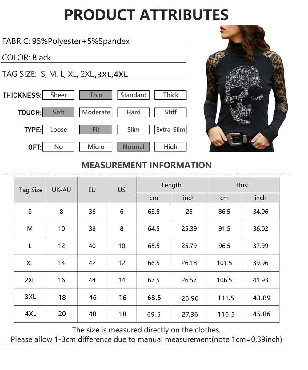 New Spring Skull Hot Drill Print Ladies T-Shirt Solid Lace Sexy Women TShirt Y2k Gothic Tee Long Sleeve Patchwork Clothes Tops