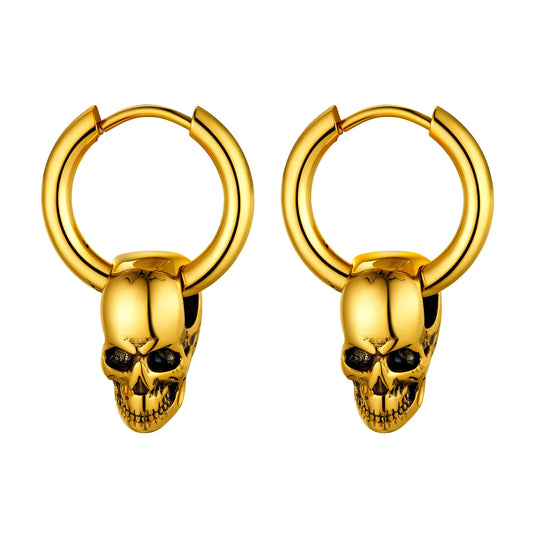 U7 Skulls Hoop Earrings for Man Black Gold Color Stainless Steel Skeleton Gothic Jewelry