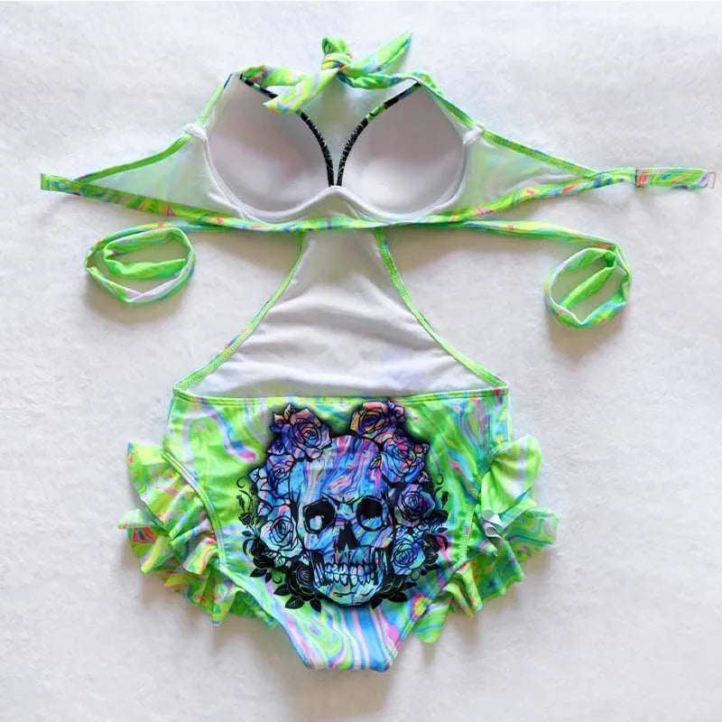 Women's Tube One Piece Bikini Swimsuit Rose Skull Hollow Out Sexy Strapless Floral Print Cut Out Female Swimsuit Set for Female