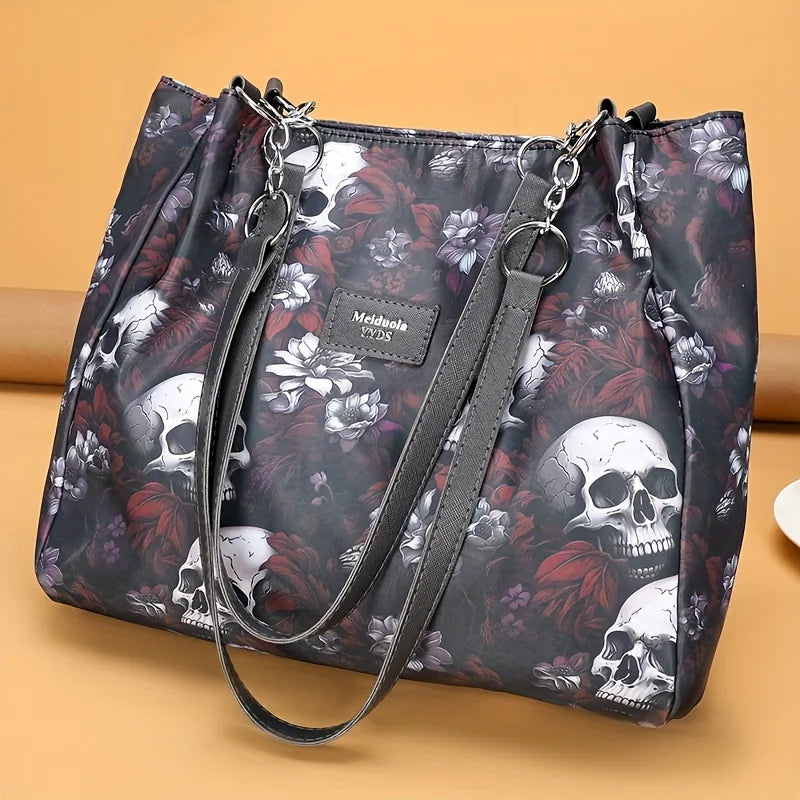 Gothic Skull Pattern Tote Bag, Large Capacity Shoulder Bag, Women's Fashion Handbag for Commute Work