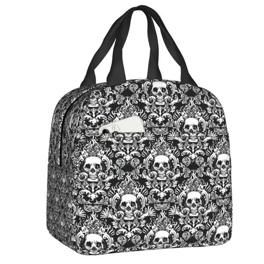 Vintage Halloween Gothic Black Skull Damask Lunch Bag Portable Thermal Cooler Insulated Bento Box For Women Kids Food Tote Bags