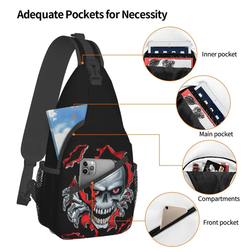 Gothic Skeleton Death Skull Sling Chest Bag Custom Crossbody Shoulder Backpack for Men Cycling Camping Daypack