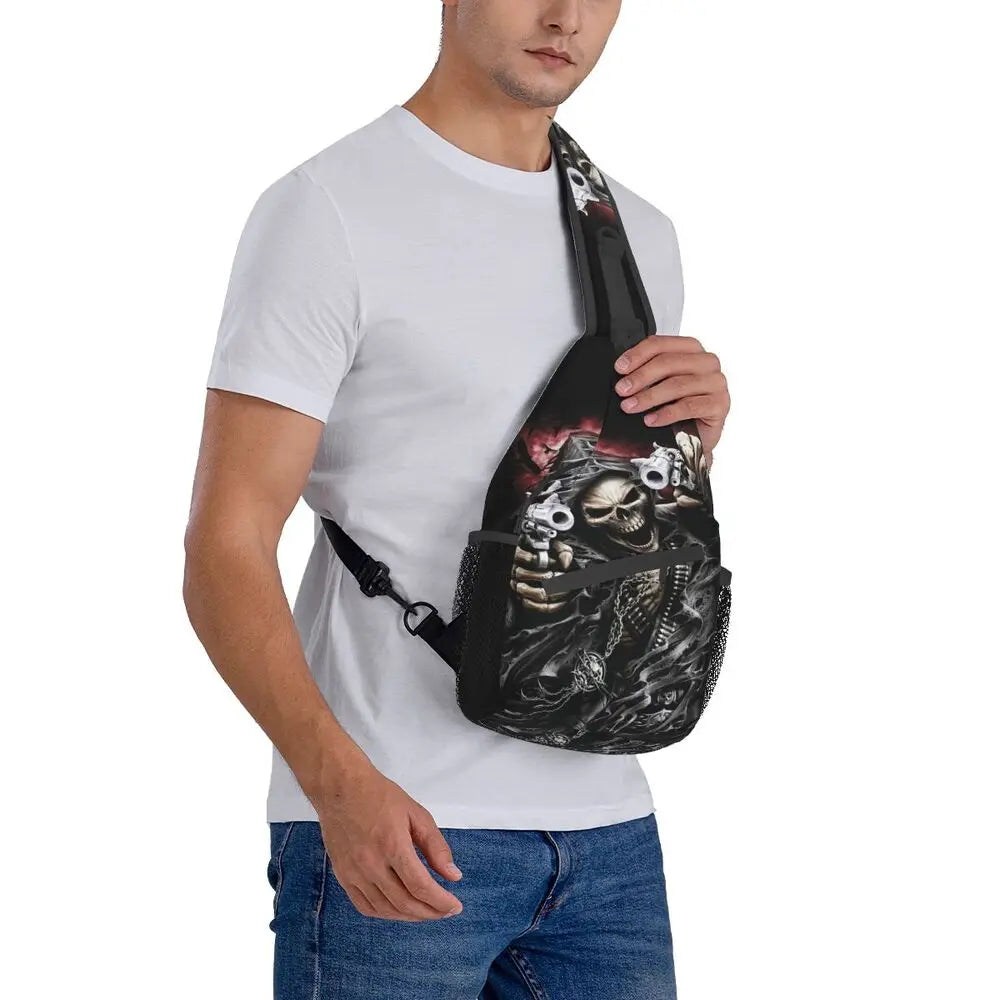 Gothic Skeleton Death Skull Sling Chest Bag Custom Crossbody Shoulder Backpack for Men Cycling Camping Daypack