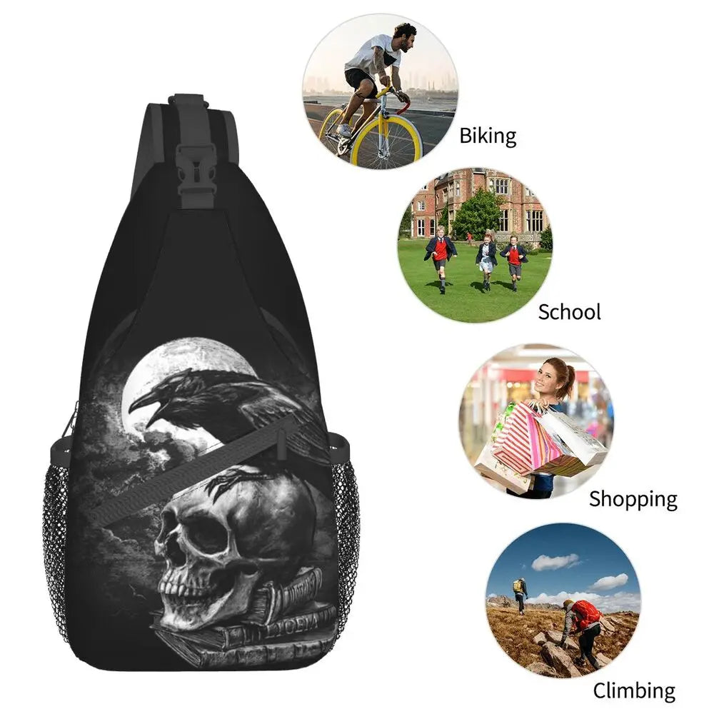 Gothic Skeleton Death Skull Sling Chest Bag Custom Crossbody Shoulder Backpack for Men Cycling Camping Daypack