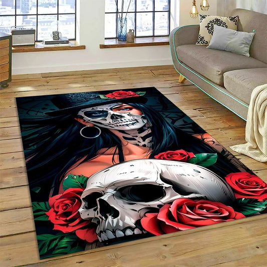 Skull Dead Girl Gothic Horror Female Rose Carpet Rug for Bedroom Living Room Home Sofa Decoration,Kid Game Large Decor Floor Mat