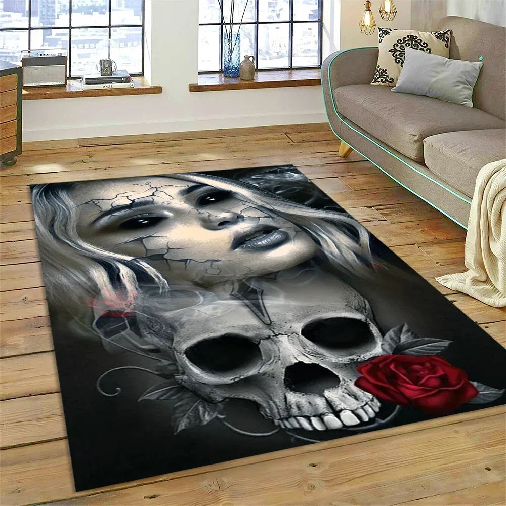 Skull Dead Girl Gothic Horror Female Rose Carpet Rug for Bedroom Living Room Home Sofa Decoration,Kid Game Large Decor Floor Mat