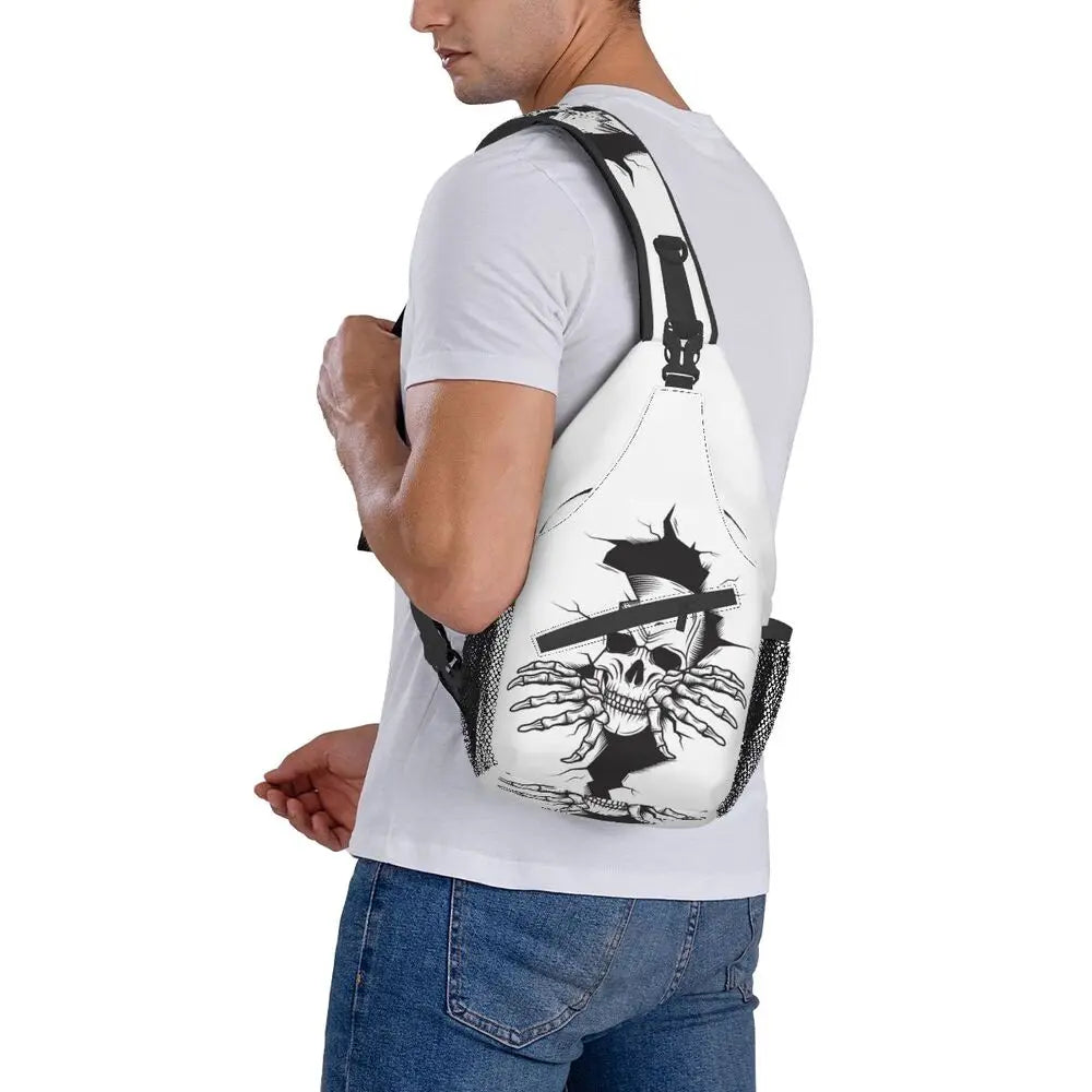 Gothic Skeleton Death Skull Sling Chest Bag Custom Crossbody Shoulder Backpack for Men Cycling Camping Daypack