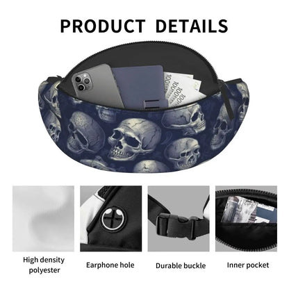 Gothic Skull Flower Fanny Pack Women Men Custom Goth Halloween Crossbody Waist Bag for Cycling Camping Phone Money Pouch