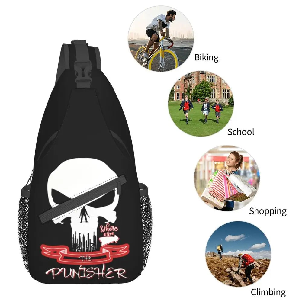 Vintage Skeleton Punishers Skull Crossbody Sling Backpack Men Custom Chest Shoulder Bag for Cycling Camping Daypack