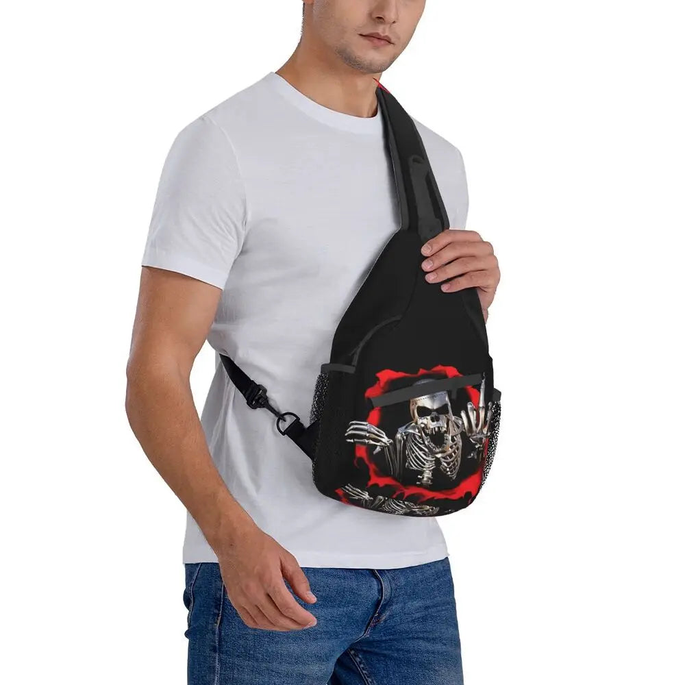 Gothic Skeleton Death Skull Sling Chest Bag Custom Crossbody Shoulder Backpack for Men Cycling Camping Daypack