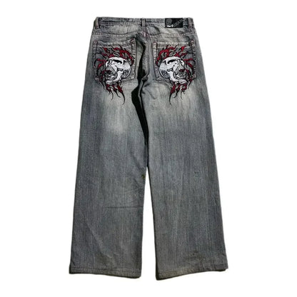 Y2k Gothic Heavy Industry Pocket Skull Embroidery Mid Rise Mens and Womens Harajuku Streetwear Punk Casual Wide Leg Washed Jeans