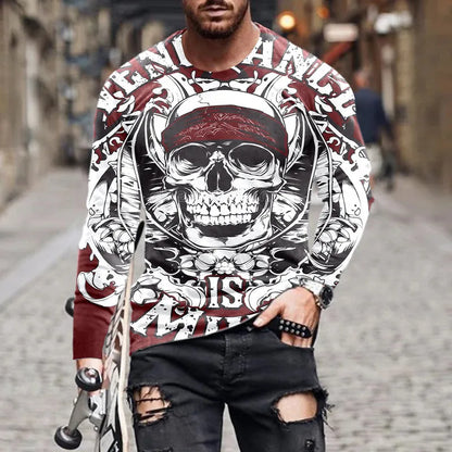 Flame Skull 3D Printed Streetwear Men's T-Shirts Long Sleeve Round-Neck Horror Halloween Man Tops Loose Gothic Round-Neck Tees