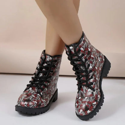 Women's Printed Short Boots Autumn/Winter New Fashion Skull Head Printed Comfortable Casual Shoes Luxury Travel Durable