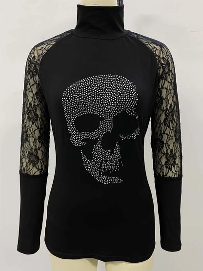 Zircon Skull Head Lace T-shirt Women Sexy Slim High Collar Long Sleeve Tee Female Gothic Black Tops