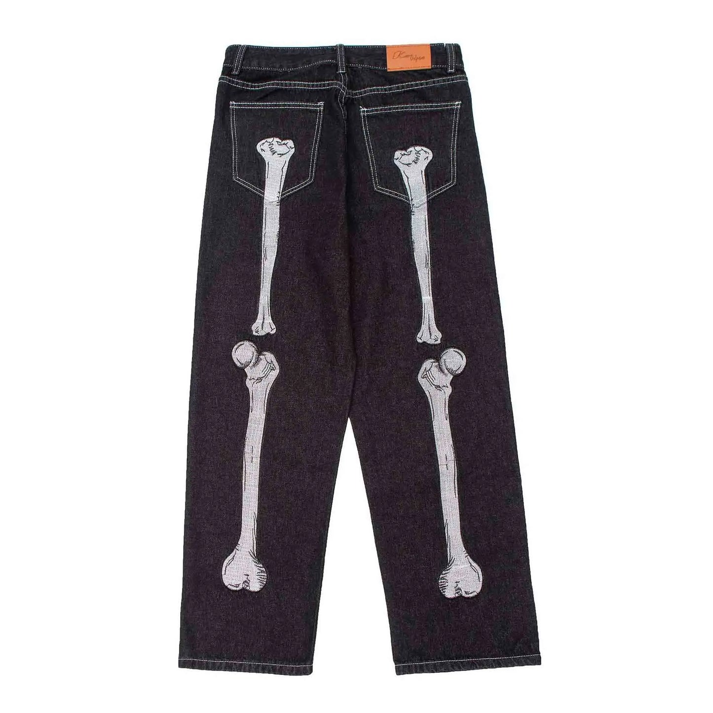 Hip Hop Jeans Dark Black Skeleton Embroidery Jeans Gothic Loose Wide Leg Straight Leg Trousers Grunge Clothes