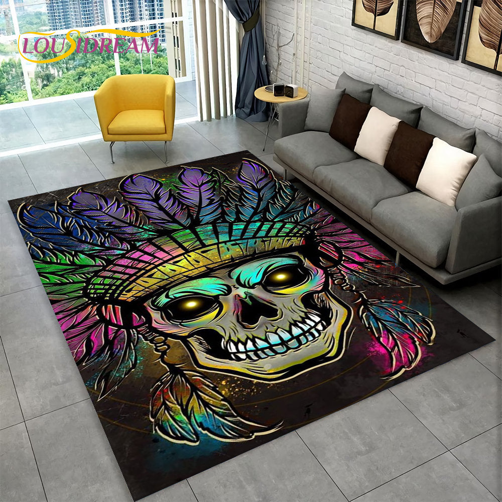 3D Creative Horror Indian Skull Area Rug,Carpet Rug for Home Living Room Bedroom Sofa Doormat Decor,Kitchen Non-slip Floor Mat