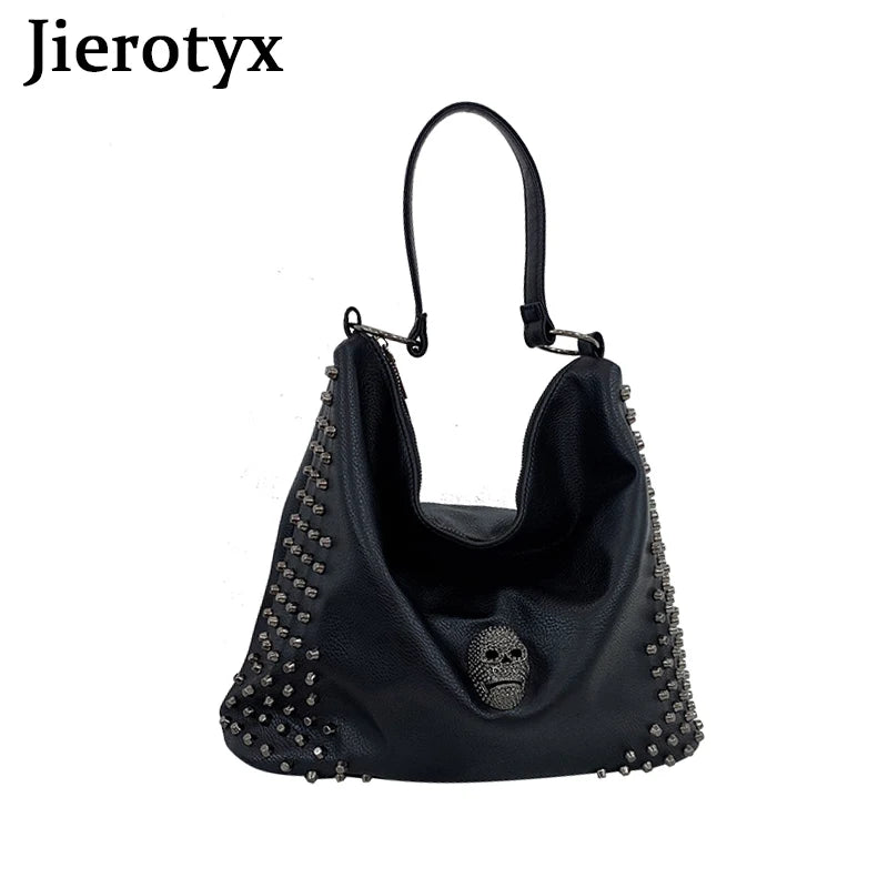 JIEROTYX Punk Skull Women Shoulder Bags Large Capacity Fashion Rivet Ladies Handbag Black Leather PU Tote Cossbody Great Quality